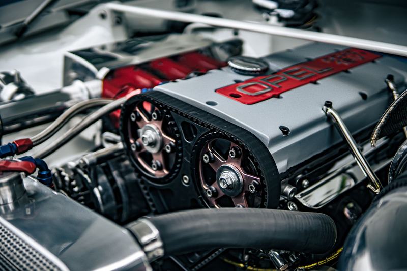 Modern engine bay with intake components