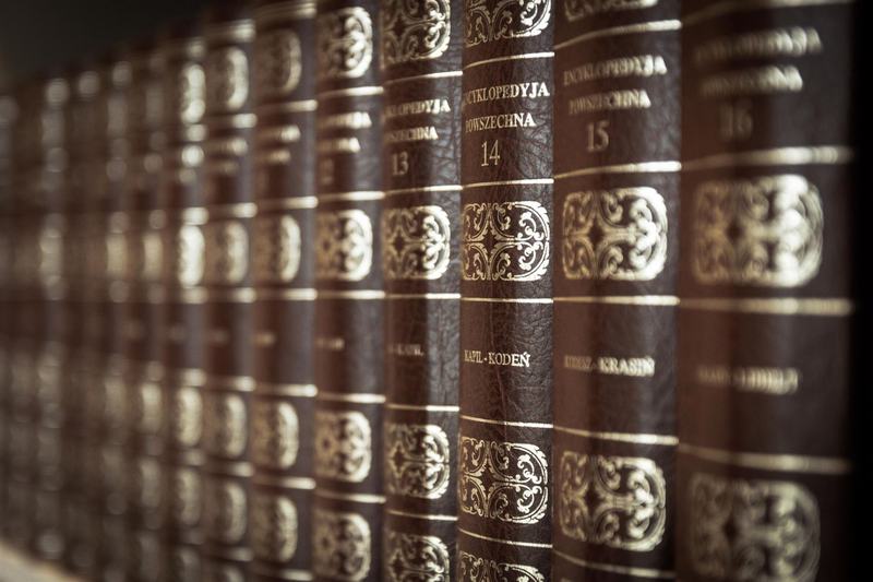 Row of leather-bound reference volumes on a shelf