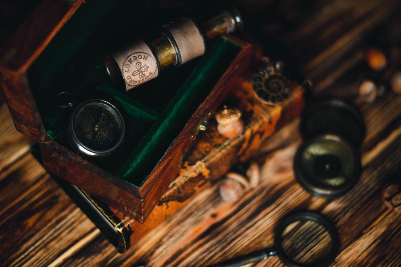 Antique navigation instruments in a wooden case